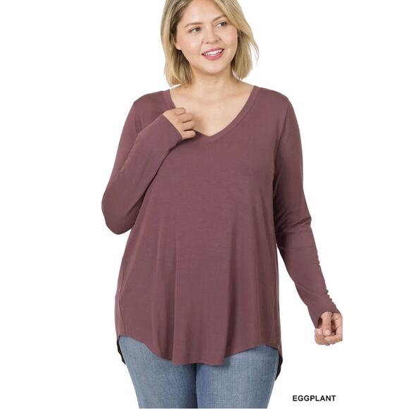 Zenana V-Neck Long Sleeve Shirt Round Hem Relaxed Fit Top Plus‎ Size 2X - Picture 1 of 4